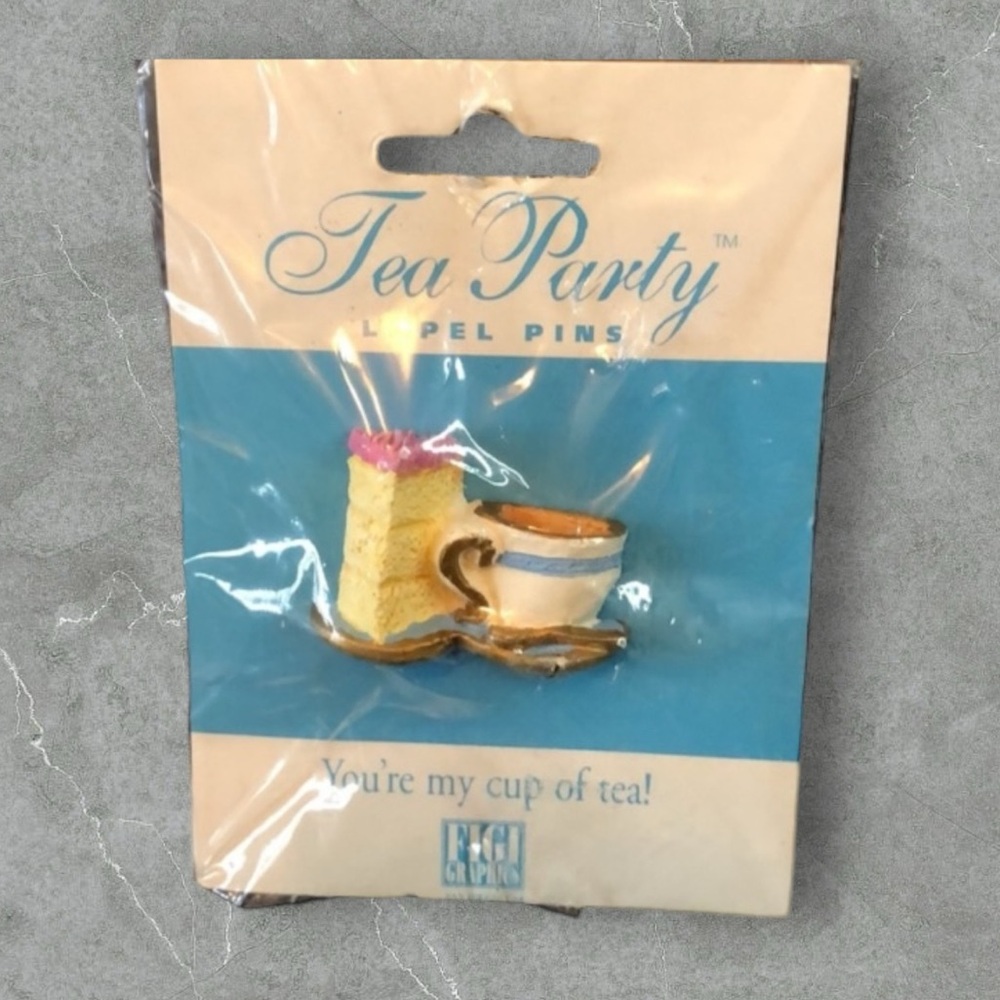Figi graphics Tea Party You’re my cup of tea lapel pin tea and cake 1996